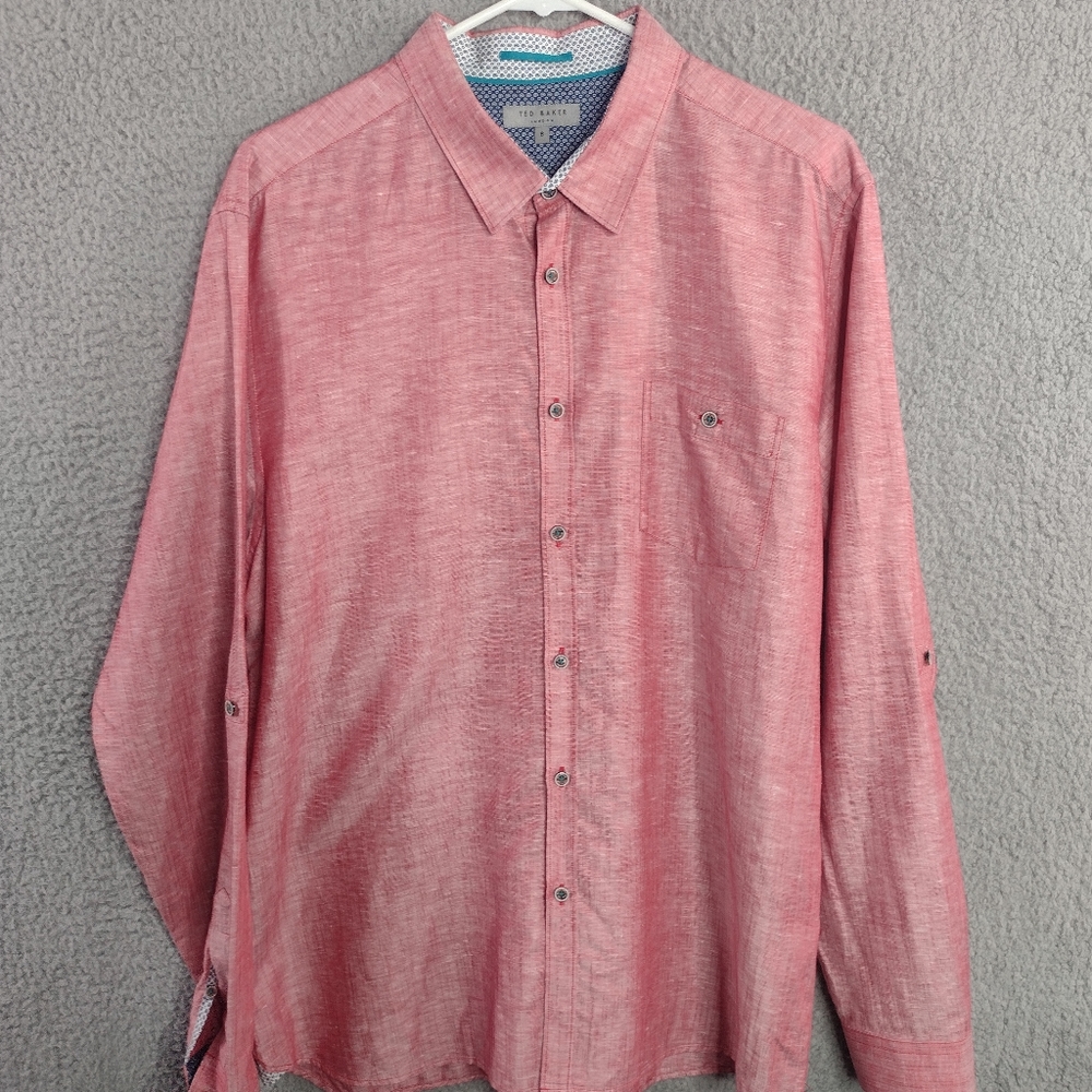 Ted Baker Mens Pink Linen Long Sleeve Shirt Roll Up Sleeve Size 6